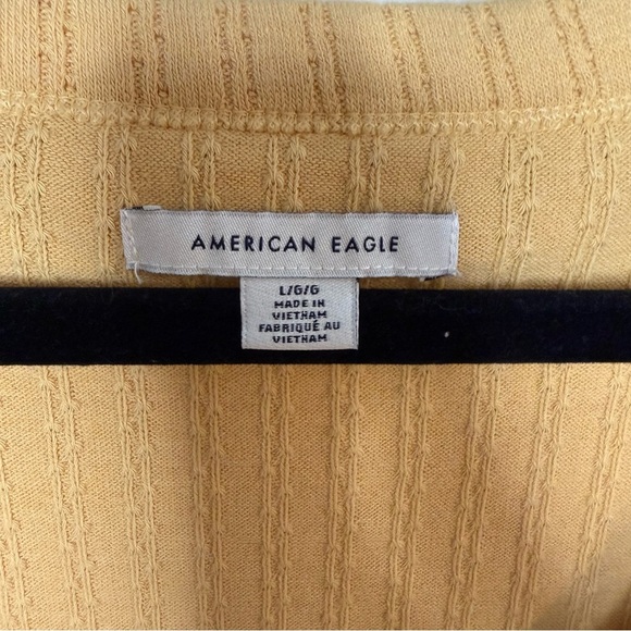 AE Yellow Button V Neck Ruffle Edge Sweater Top Pointelle L - Picture 4 of 9